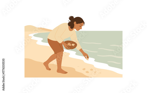 collecting seashells mindfully walking along quiet beach mindful awareness no outline flat vector illustration style isolated on white background natural light tones