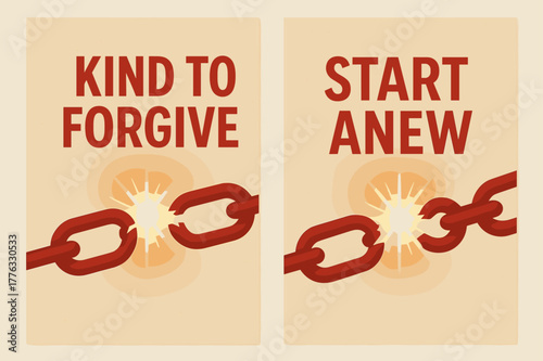 Forgiveness Banners. Forgiveness. Two vertical A6 banners with safe margins, centered composition, no elements touching edges, modern, red and beige, broken