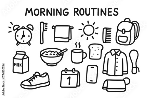 Morning Routine Doodles. Morning routines. Hand-drawn doodle illustration Morning routines alarm clock, toothbrush, cereal bowl, cup, toast, milk carton,