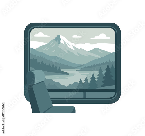 mountain landscape through bus window peaceful journey moment no outline flat vector illustration style isolated on white background muted cool tones