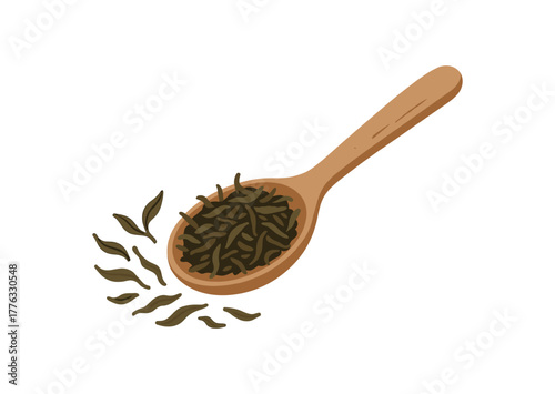 tea leaves wooden spoon preparing mindful brewing ritual no outline flat vector illustration style isolated on white background gentle earthy palette
