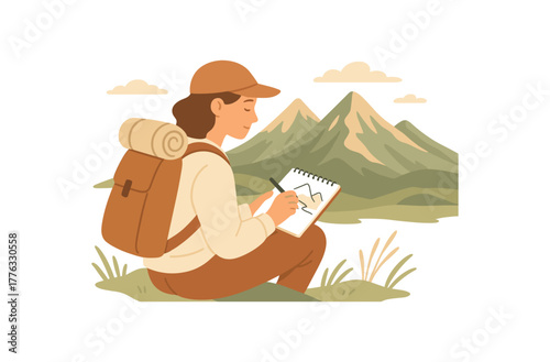 traveler sketching mountains notebook outdoor mindfulness no outline flat vector illustration style isolated on white background light natural colors