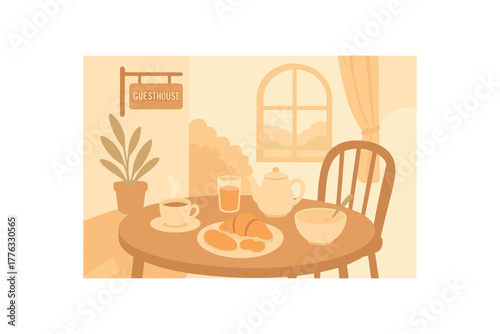 cozy guesthouse breakfast calm morning travel atmosphere no outline flat vector illustration style isolated on white background soft gentle tones