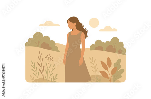 woman wearing linen dress standing nature soft light and calm no outline flat vector illustration style isolated on white background gentle earth tones