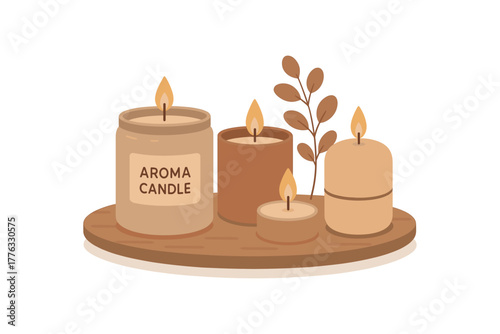 aroma candle collection arranged on wooden tray calming home scene no outline flat vector illustration style isolated on white background warm muted hues