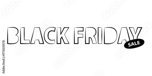 Black Friday outline text with oval sale label on white background for seasonal discount and shopping promotion design