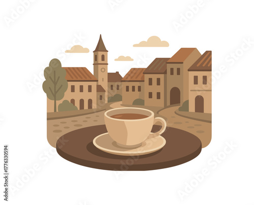 cup of tea on caf table old town view travel serenity no outline flat vector illustration style isolated on white background muted palette