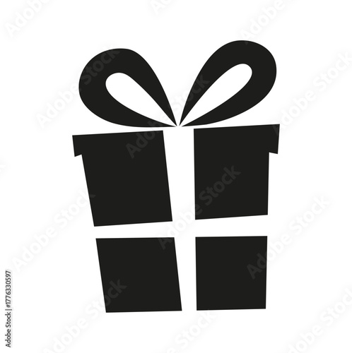 Black silhouette of gift box with ribbon bow isolated on white background, minimal icon for holiday and celebration design