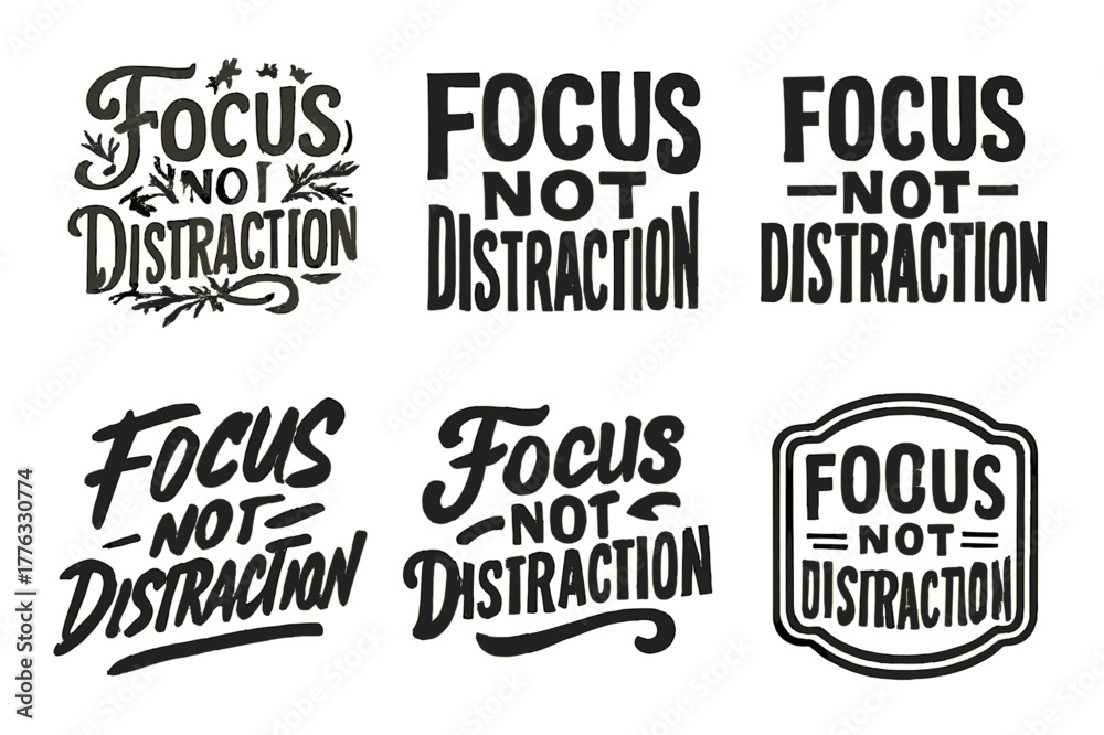 Fototapeta premium Harmonious Lettering Variations. Focus Not Distraction. Set lettering. harmonious lettering variations of the same emblematic concept, each with different