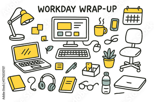 Colorful Work Desk Doodle. Workday wrap-up. Hand-drawn doodle illustration laptop (colored), computer screen (colored), smartphone (colored), coffee cup