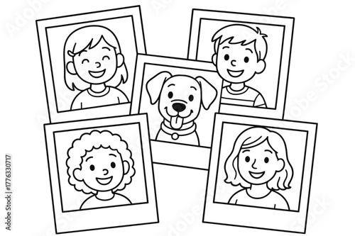 Coloring Book Snapshots. Polaroid snapshots collection children?s coloring book illustration, outlined drawing, scattered square photos showing happy faces and