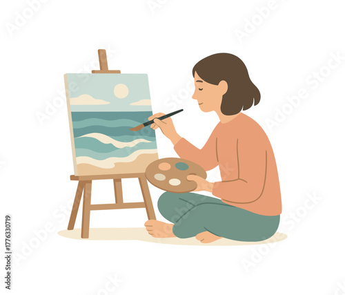person painting seascape mindful art process ocean inspired calm flat vector illustration style no outline isolated on white background gentle tones