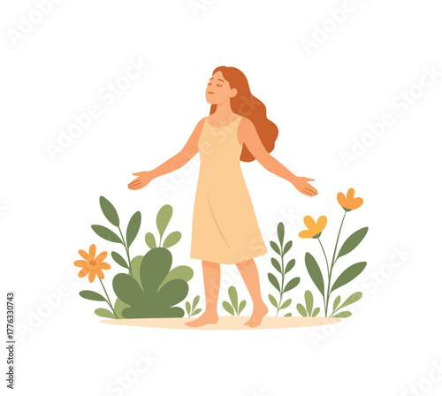barefoot garden woman enjoying sunlight mindful feminine serenity no outline flat vector illustration style isolated on white background light tones