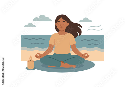 sea meditation with candle and gentle breeze calm sensory experience no outline flat vector illustration style isolated on white background muted warm blues