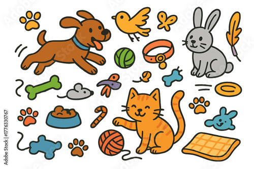 Playful Pet Doodle. pets playing with toys. Colorful Hand-drawn doodle Children illustration pets playing with toys dog, cat, ball, chew toy, yarn, mouse toy,