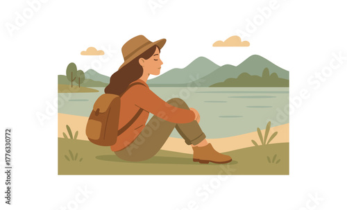woman sitting near lake resting during peaceful journey no outline flat vector illustration style isolated on white background soft muted colors