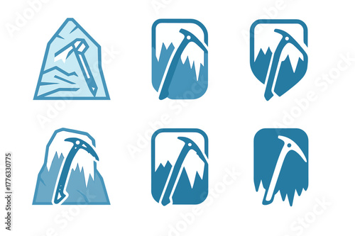 Ice Climbing Logos. Ice climbing. Set Logo of Ice climbing: ice axe on frozen wall. harmonious logo variations of the same emblematic concept, each with