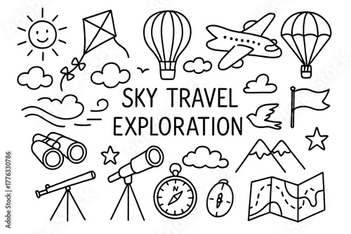 Skyward Adventures Icons. Sky travel and exploration. Hand-drawn doodle illustration Sky travel and exploration airplane, balloon, kite, clouds, sun, mountain,