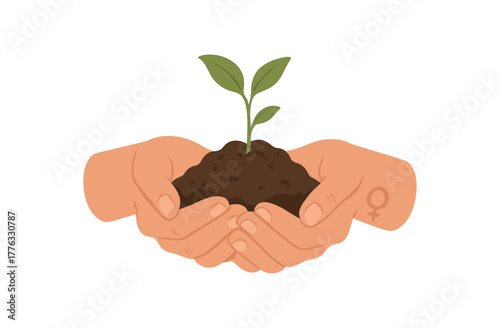 female hands with soil and sprouting seed nurturing feminine strength no outline flat vector illustration style isolated on white background soft muted colors