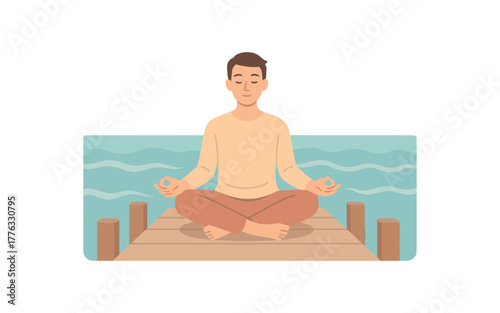 meditative posture on wooden pier ocean waves and inner peace no outline flat vector illustration style isolated on white background soft gentle palette