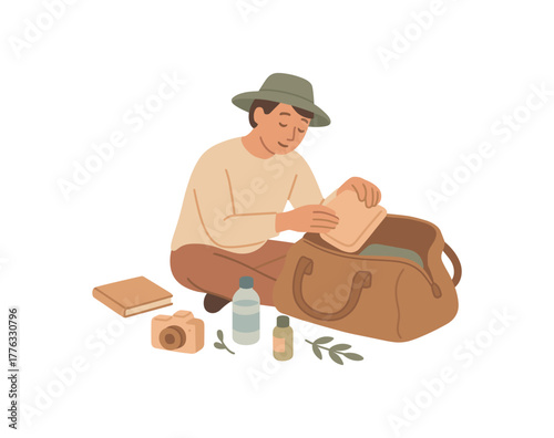 traveler packing bag slowly choosing essentials mindful simplicity no outline flat vector illustration style isolated on white background gentle hues