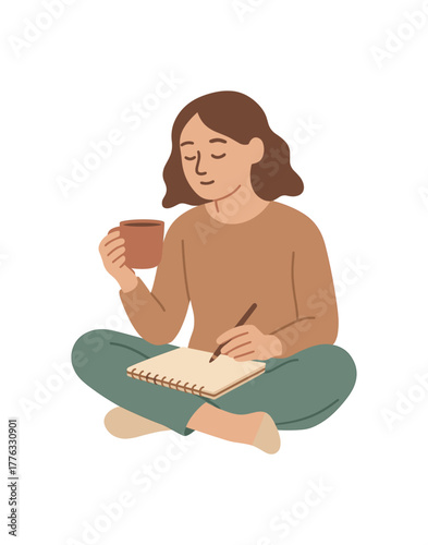 sitting with sketchbook and tea slow thought process clarity routine no outline flat vector illustration style isolated on white background gentle tones