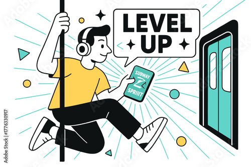 Mobile Subway Sprint. Playing a mobile game on the go ? Subway sprint. One hand grips the pole, the other flicks to dodge obstacles; neon tunnel lines blur.