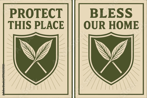 Ti Leaf Banners. Ti Leaf Protection. Two vertical A6 banners with safe margins, centered composition, no elements touching edges, retro, olive green and ivory,