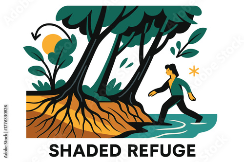 Riverbank Forest Refuge. River Ecosystem ? Riverbank Forest. Tall trees lean over the water; roots weave into soil layers with fine lines. Caption ?shaded