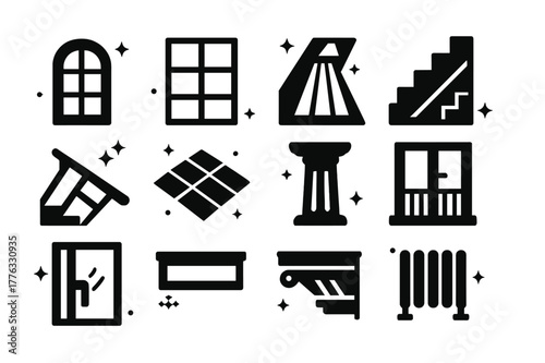 Architectural Window Icons. Window Light in Architecture. Solid icons set of Window Light in Architecture: arched window, steel mullions, skylight ray,