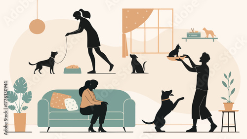 Silhouette people interacting with dogs in a modern interior setting with plants and furniture items