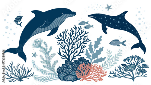 Two dolphins swimming above coral reefs and small fishes in a vibrant underwater ecosystem scene design silhouette