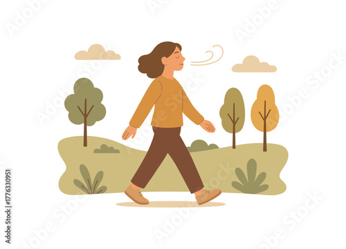 morning walk park slow pace breathing fresh air balance no outline flat vector illustration style isolated on white background light earth tones