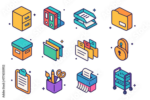 Colorful Office Icons. Office storage and filing. Colorful isometric vector icons set of Office storage and filing: file cabinet, binder shelf, paper tray,
