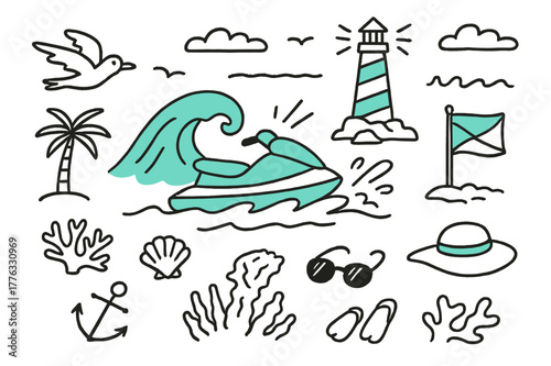 Ocean Adventure Doodle. // Ocean ride. Hand-drawn doodle illustration Ocean ride [jet ski (accented), rolling wave (accented), seagull, lighthouse (accented),