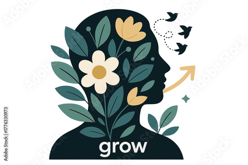 Garden Portrait Artistry. Conceptual Portrait ? Double Exposure Garden. Leaves and petals silhouette within the subject?s profile; tiny birds trace a looping