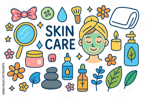Children's Skincare Doodles. skin care. Colorful Hand-drawn doodle Children illustration skin care face mask, cucumber slices, headband, towel, cream jar,