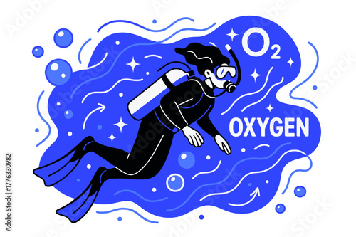 Underwater Diver's Oxygen Bubbles. Oxygen. Diver underwater surrounded by oxygen bubbles; abstract floating lines and sparkles highlight respiration, scuba
