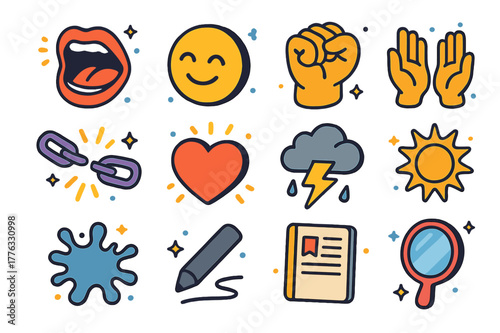 Emotional Art Icons. Emotional expression in art. Colorful isometric vector icons set of emotional expression in art: shouting mouth, gentle smile, clenched