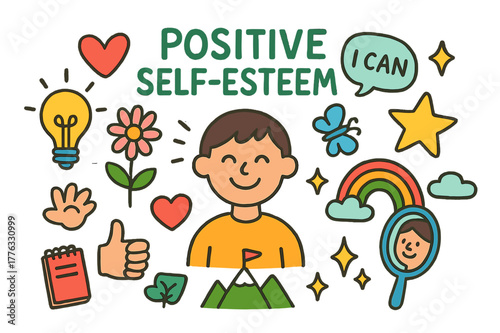 Positive Doodle Energy. Positive self-esteem. Colorful Hand-drawn doodle Children illustration Positive self-esteem smiling person, heart, light bulb, star,