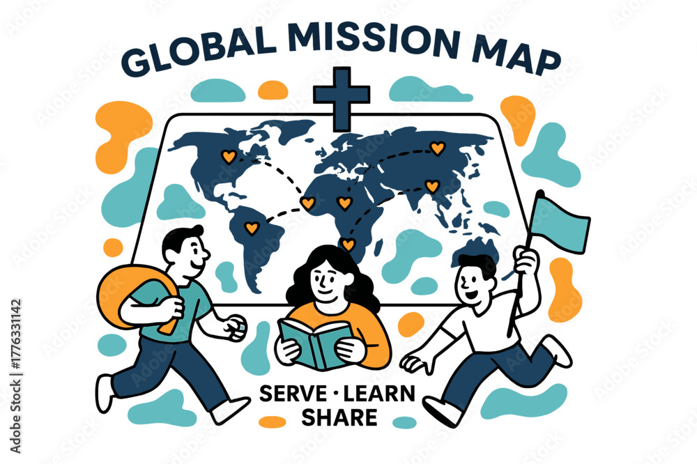 Naklejka premium Global Mission Map. Global Mission Map. A gentle cross icon sits above a world map with dotted flight paths; small hearts mark partner communities. Text reads