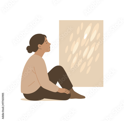 watching light patterns on peaceful awareness moment daydream no outline flat vector illustration style isolated on white background neutral palette