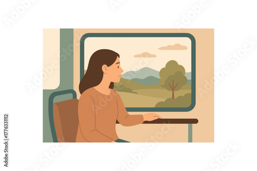 woman watching landscape from bus window mindful observation no outline flat vector illustration style isolated on white background soft tones