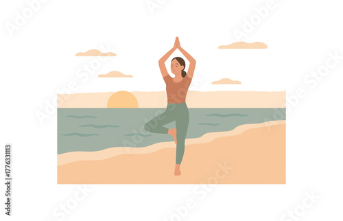 slow yoga flow at sunrise on the beach balance and calm presence no outline flat vector illustration style isolated on white background muted pastel palette