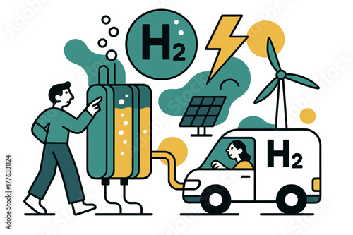 Green Hydrogen Innovation. Green Hydrogen Production. Electrolyzer stacks hum; bubbles lift into an ?H?? badge while a lightning icon feeds from solar and wind