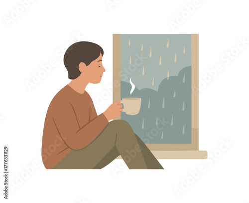 person sitting by window with cup of tea watching rain outside calm moment no outline flat vector illustration style isolated on white background soft muted tones