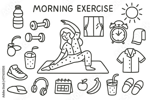 Morning Exercise Doodle. Morning Exercise. Hand-drawn doodle illustration Morning Exercise yoga mat, dumbbells, stretching, water bottle, alarm clock, sun,