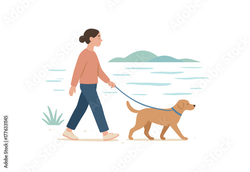 walking dog by calm sea mindful morning connection with nature no outline flat vector illustration style isolated on white background light cool palette