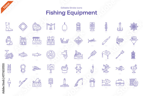 Fishing Equipment stroke icon. Fishing Equipment line icon set. editable stroke icon pack. Line, Thin, Linear Style Icon Bundle. rods, reels, lures, lines, hooks