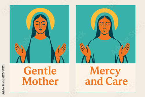 Gentle Mother Banners. Mother of Mercy. Two vertical A6 banners with safe margins, centered composition, no elements touching edges, modern, turquoise and